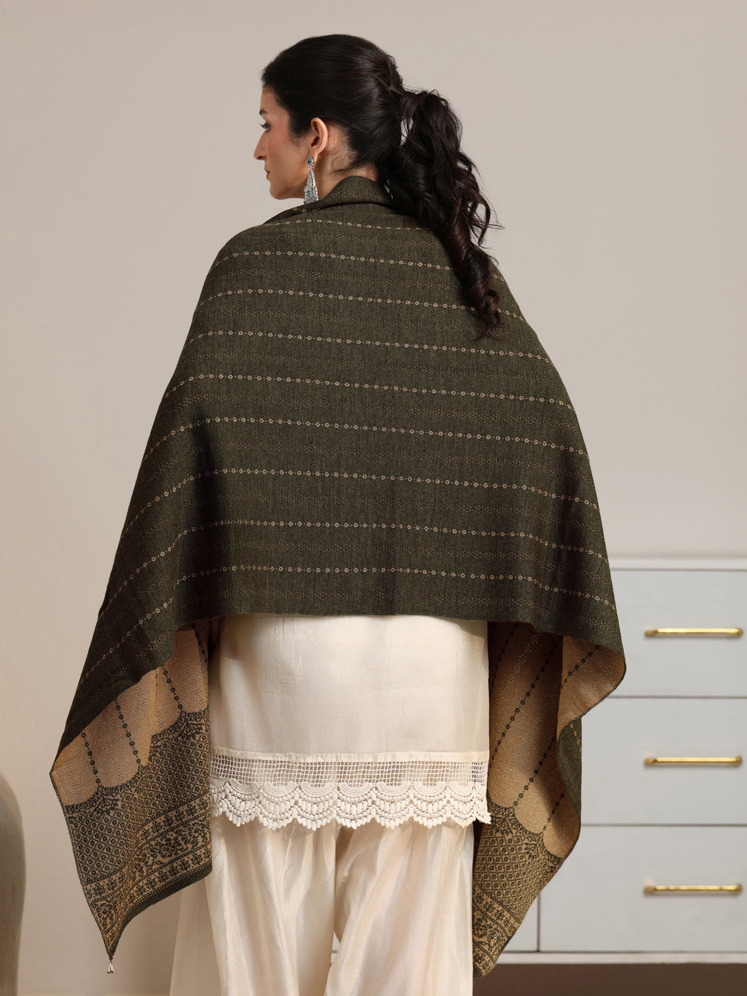 Libas Olive Green Embrodiered Acrylic Wrap Shawl