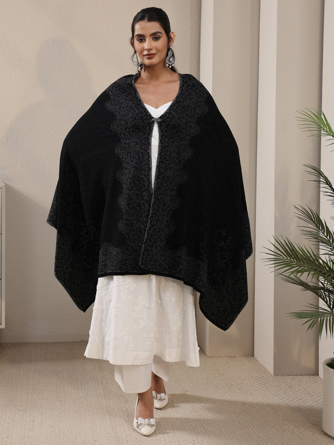 Libas Black Floral Embroidered Acrylic Wrap Shawl