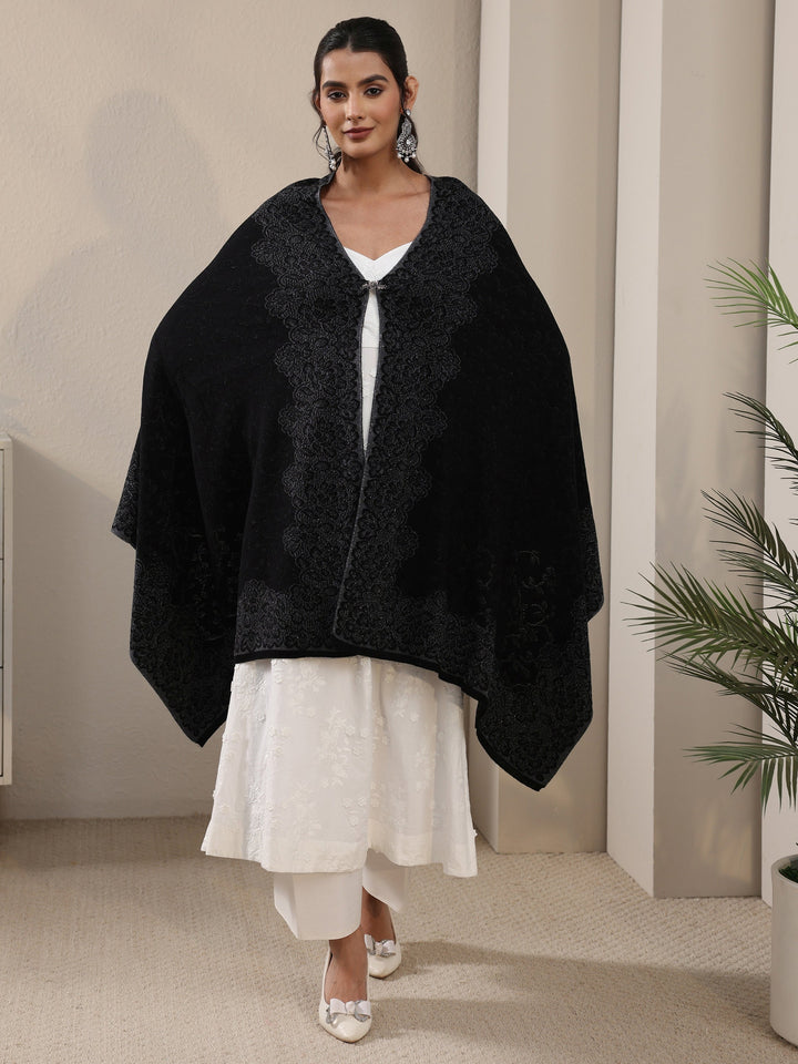 Libas Black Floral Embroidered Acrylic Wrap Shawl