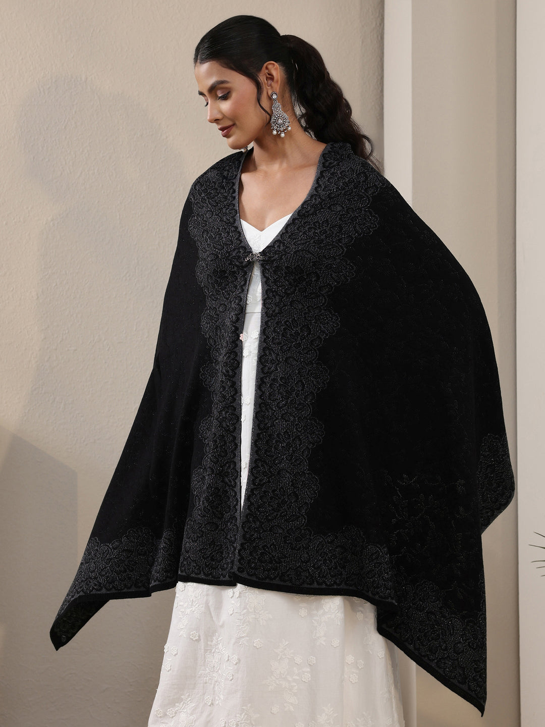 Libas Black Floral Embroidered Acrylic Wrap Shawl