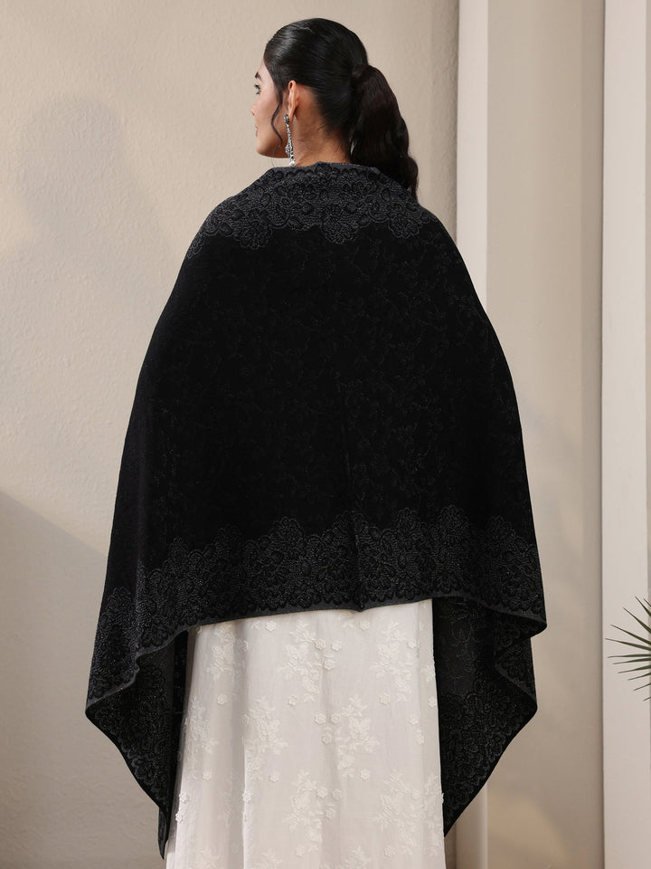 Libas Black Floral Embroidered Acrylic Wrap Shawl