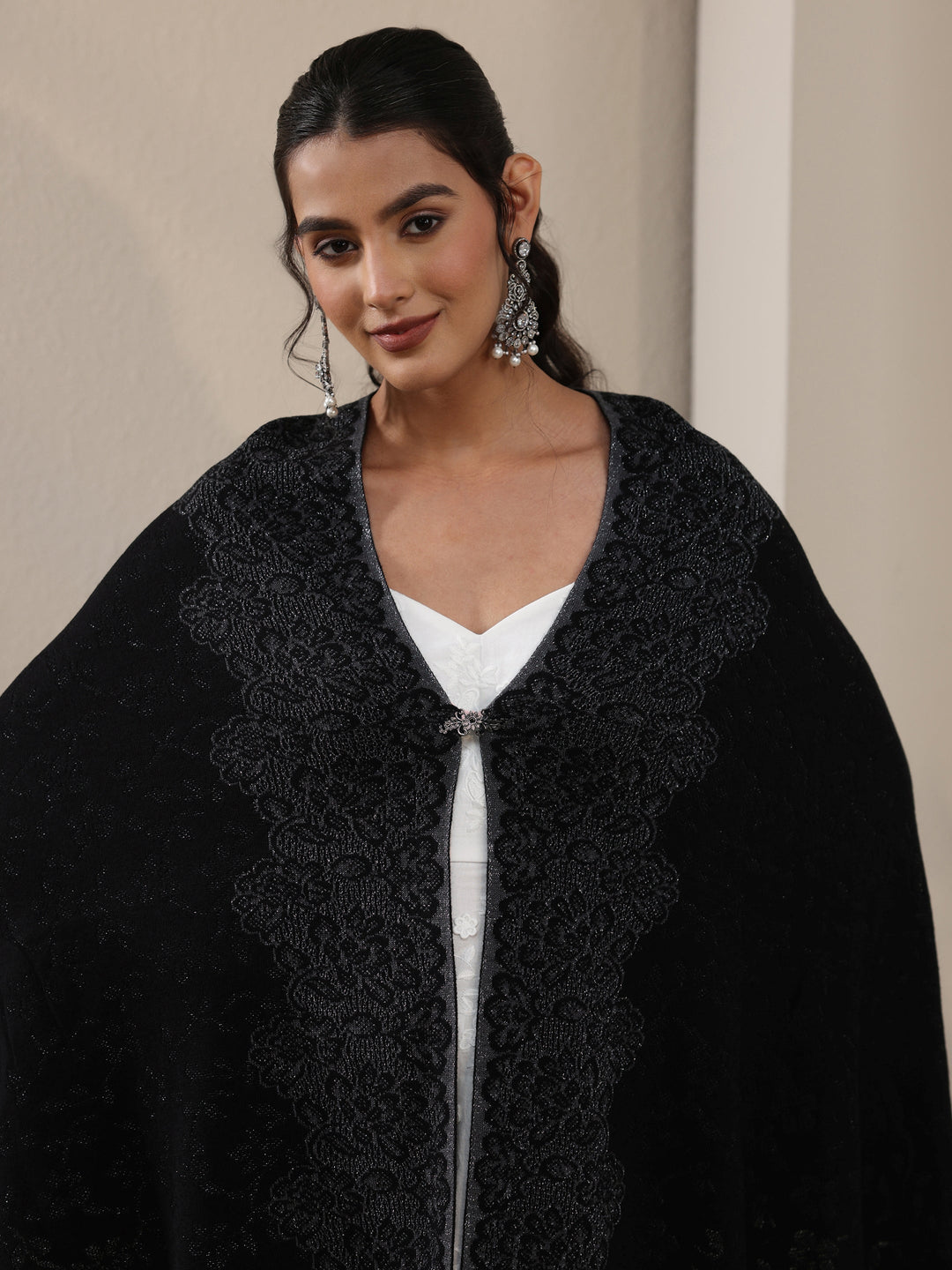 Libas Black Floral Embroidered Acrylic Wrap Shawl