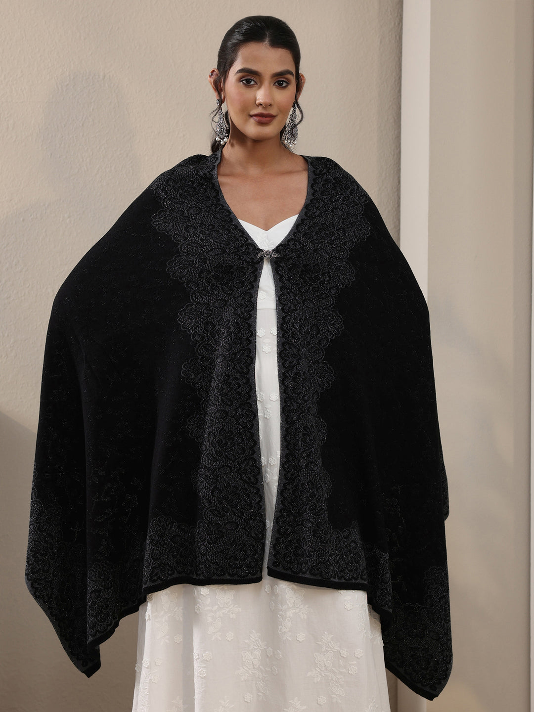 Libas Black Floral Embroidered Acrylic Wrap Shawl