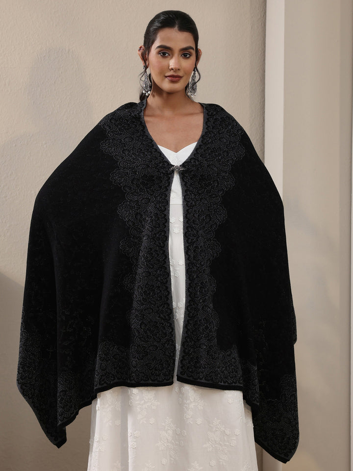 Libas Black Floral Embroidered Acrylic Wrap Shawl