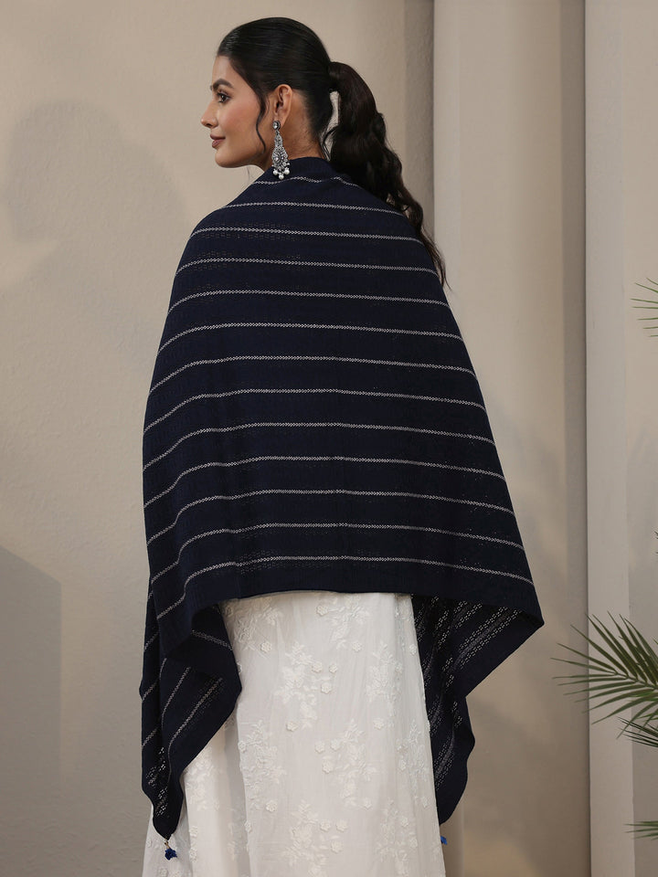 Libas Navy Blue Striped Embroidered Acrylic Wrap Shawl