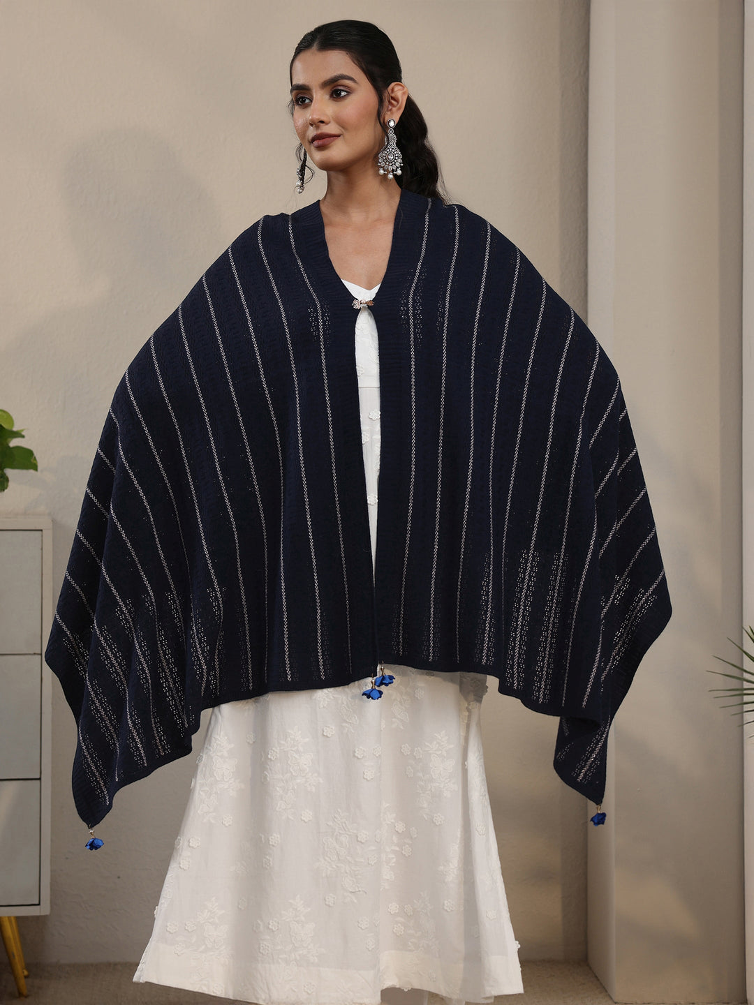 Libas Navy Blue Striped Embroidered Acrylic Wrap Shawl