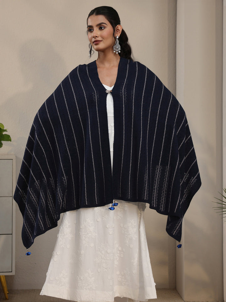 Libas Navy Blue Striped Embroidered Acrylic Wrap Shawl