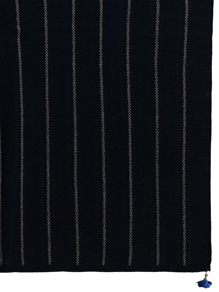 Libas Navy Blue Striped Embroidered Acrylic Wrap Shawl