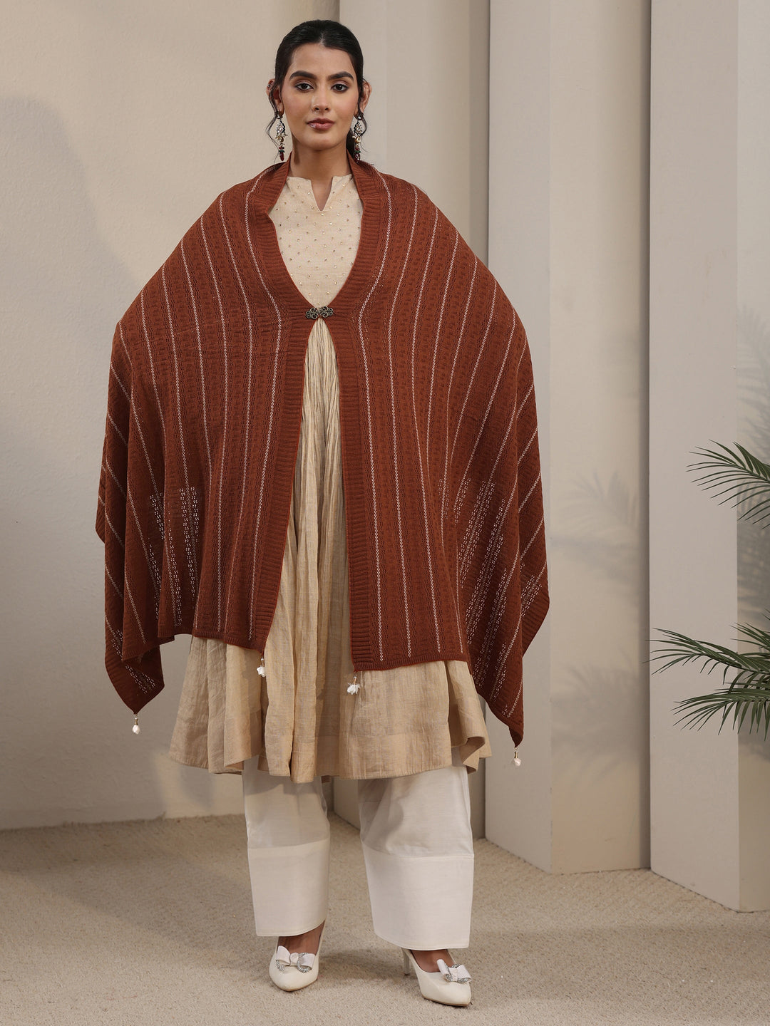 Libas Rust Brown Striped Embroidered Acrylic Wrap Shawl