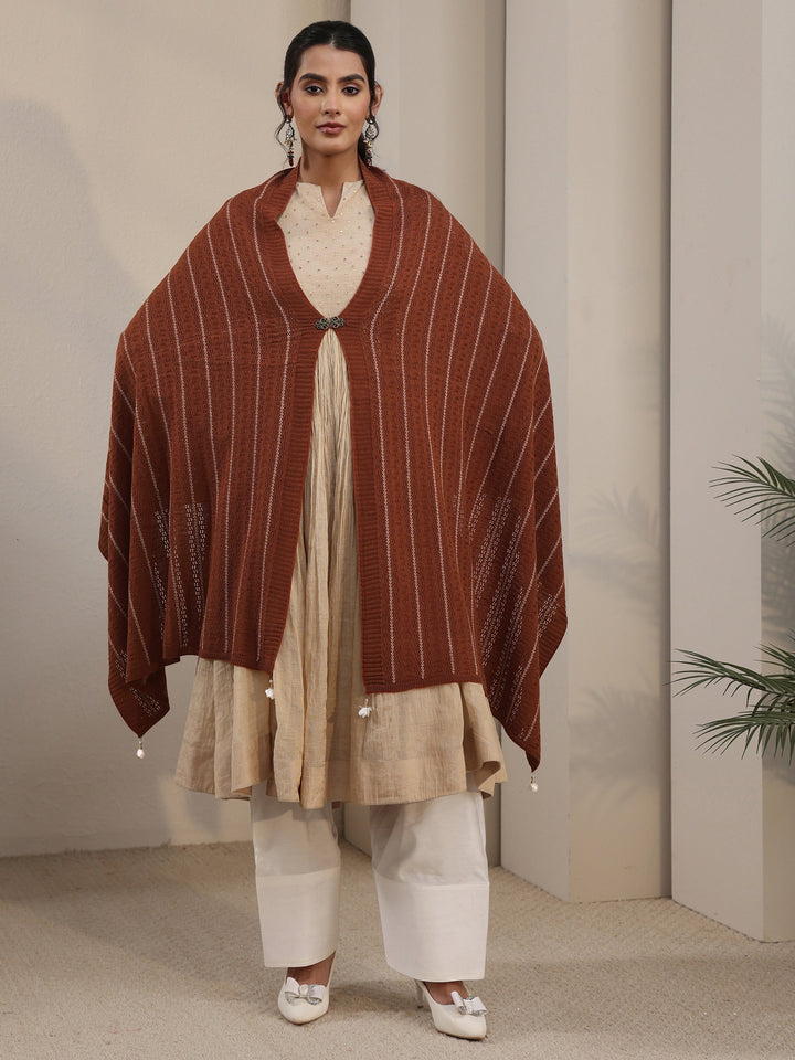 Libas Rust Brown Striped Embroidered Acrylic Wrap Shawl