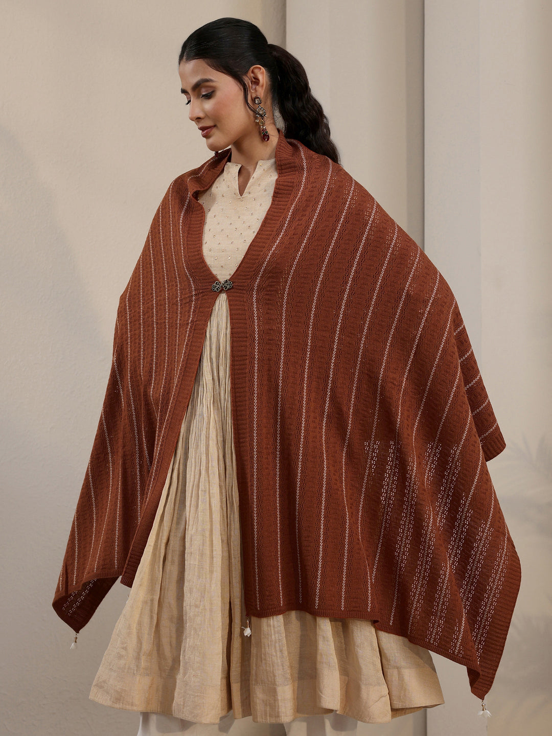 Libas Rust Brown Striped Embroidered Acrylic Wrap Shawl
