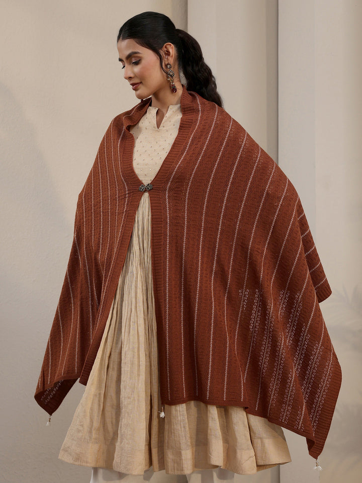 Libas Rust Brown Striped Embroidered Acrylic Wrap Shawl