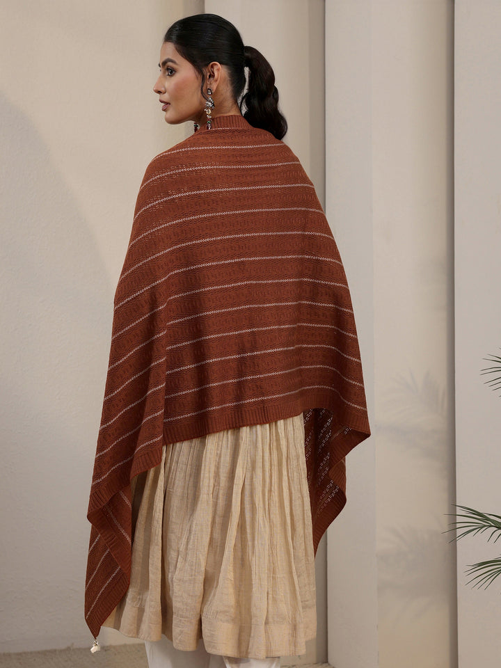 Libas Rust Brown Striped Embroidered Acrylic Wrap Shawl
