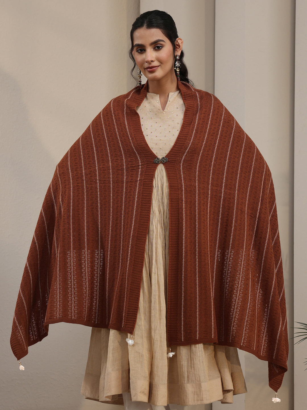 Libas Rust Brown Striped Embroidered Acrylic Wrap Shawl