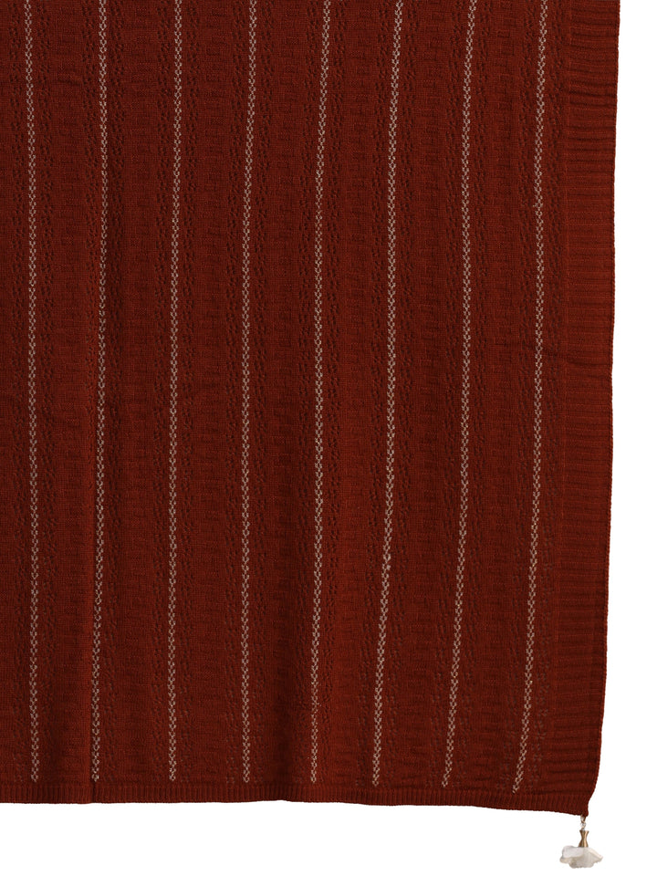 Libas Rust Brown Striped Embroidered Acrylic Wrap Shawl