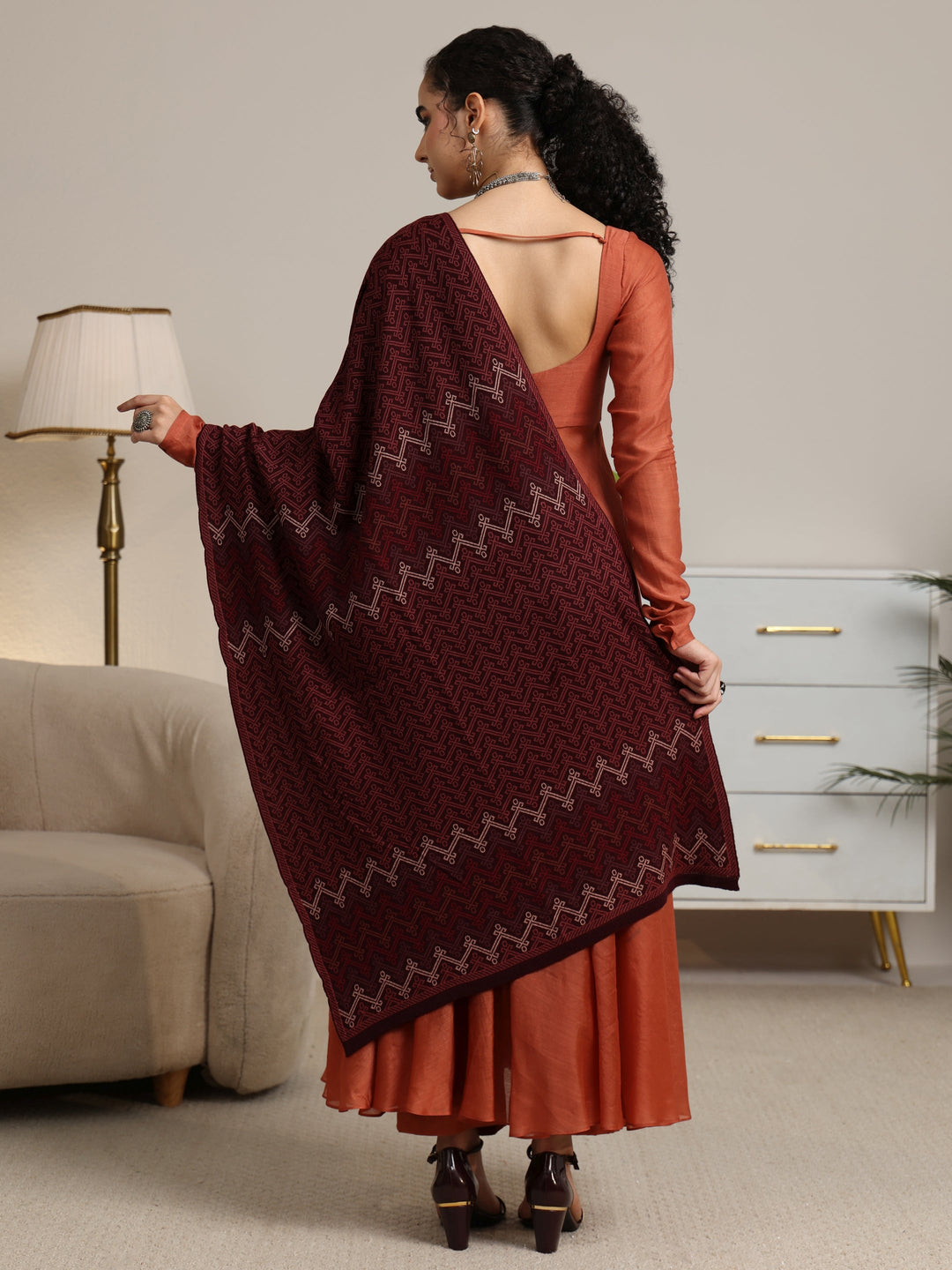 Libas Maroon Ethnic Knitted Acrylic Shawl