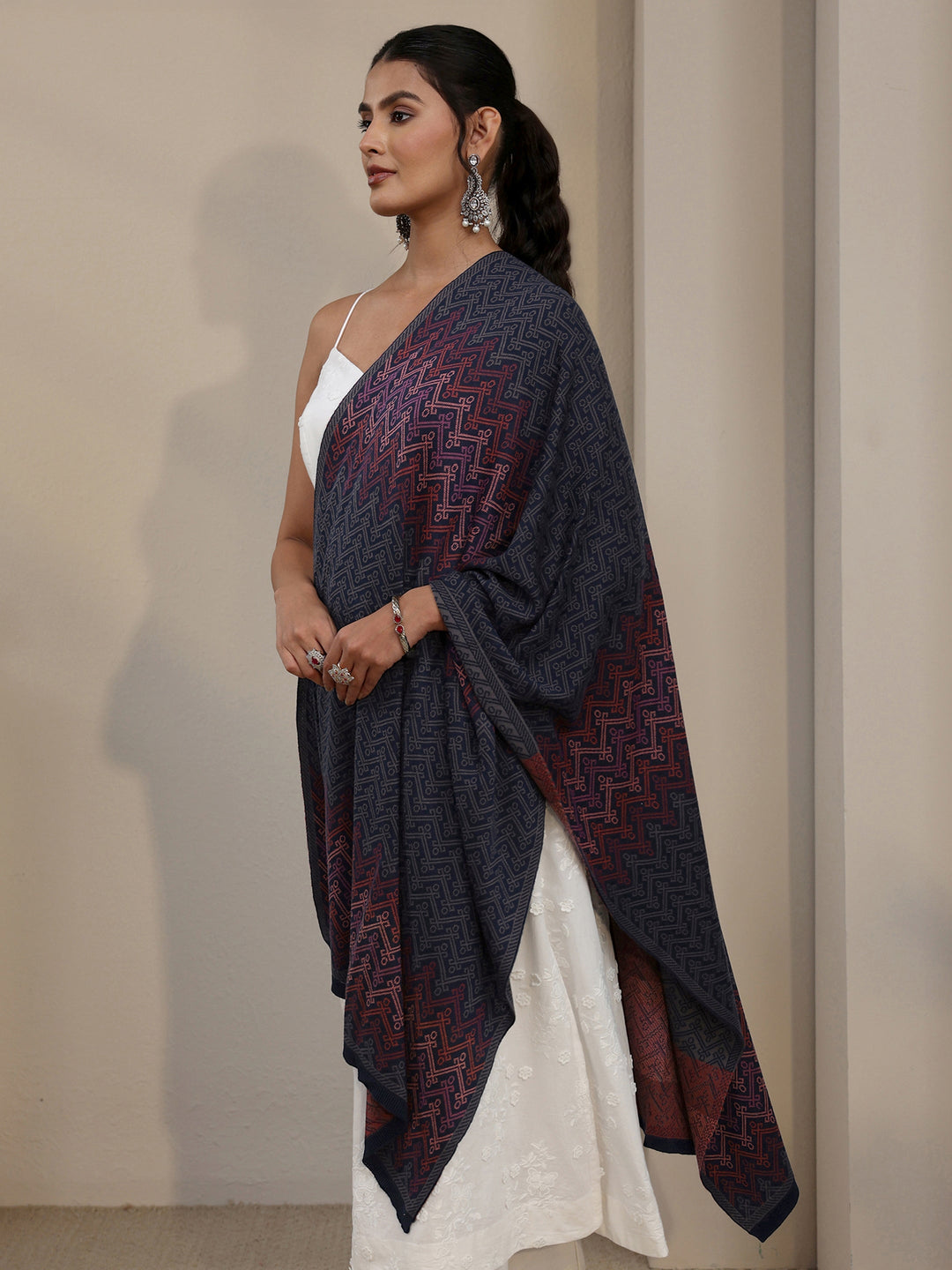Libas Navy Blue Ethnic Embroidered Acrylic Shawl