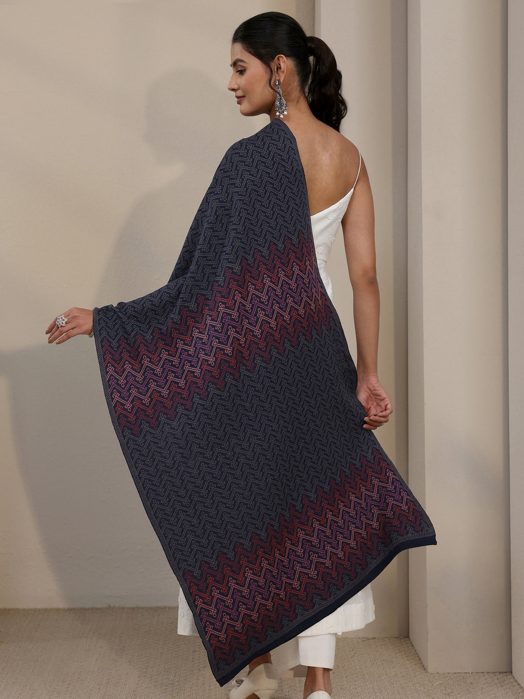 Libas Navy Blue Ethnic Embroidered Acrylic Shawl