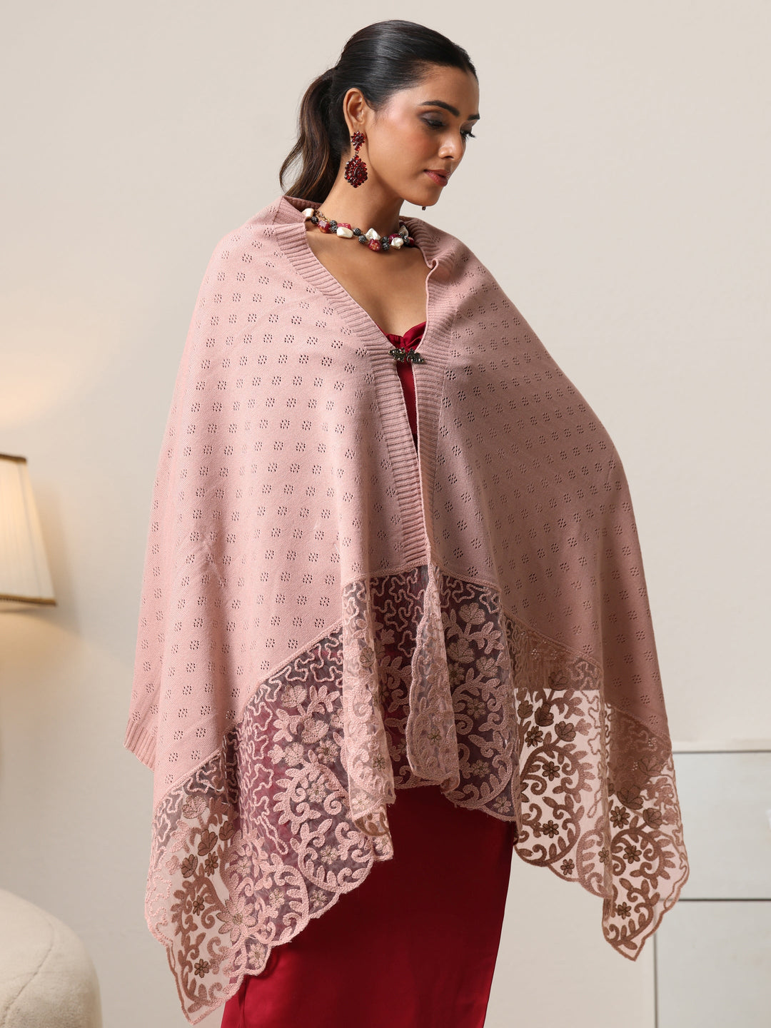 Libas Baby Pink Knitted Acrylic Wrap Shawl with Lace Border