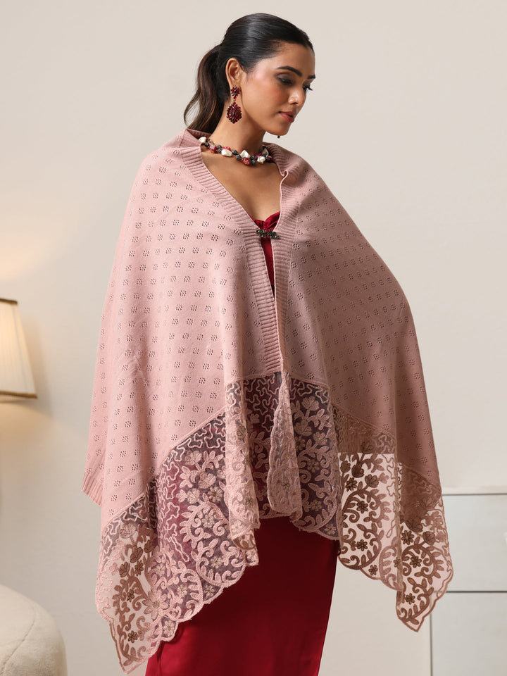 Libas Baby Pink Knitted Acrylic Wrap Shawl with Lace Border