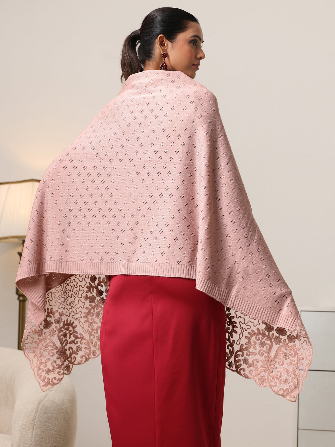 Libas Baby Pink Knitted Acrylic Wrap Shawl with Lace Border