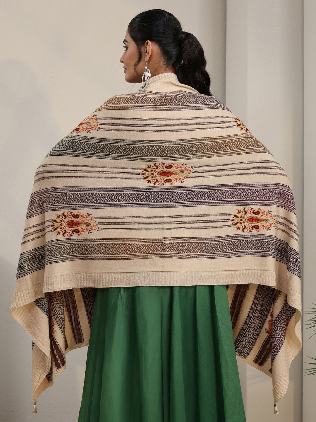 Libas Off White Ethnic Embroidered Acrylic Wrap Shawl