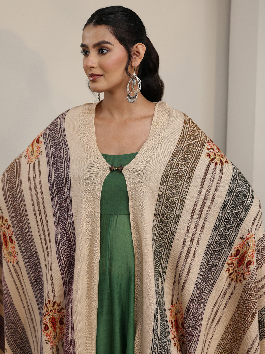 Libas Off White Ethnic Embroidered Acrylic Wrap Shawl
