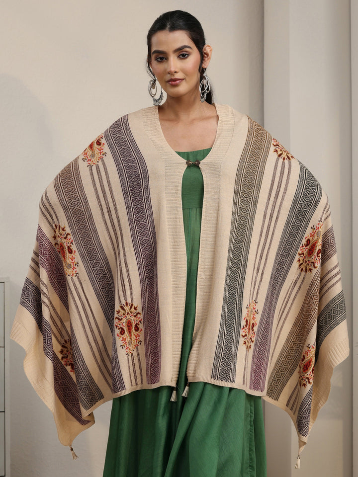 Libas Off White Ethnic Embroidered Acrylic Wrap Shawl