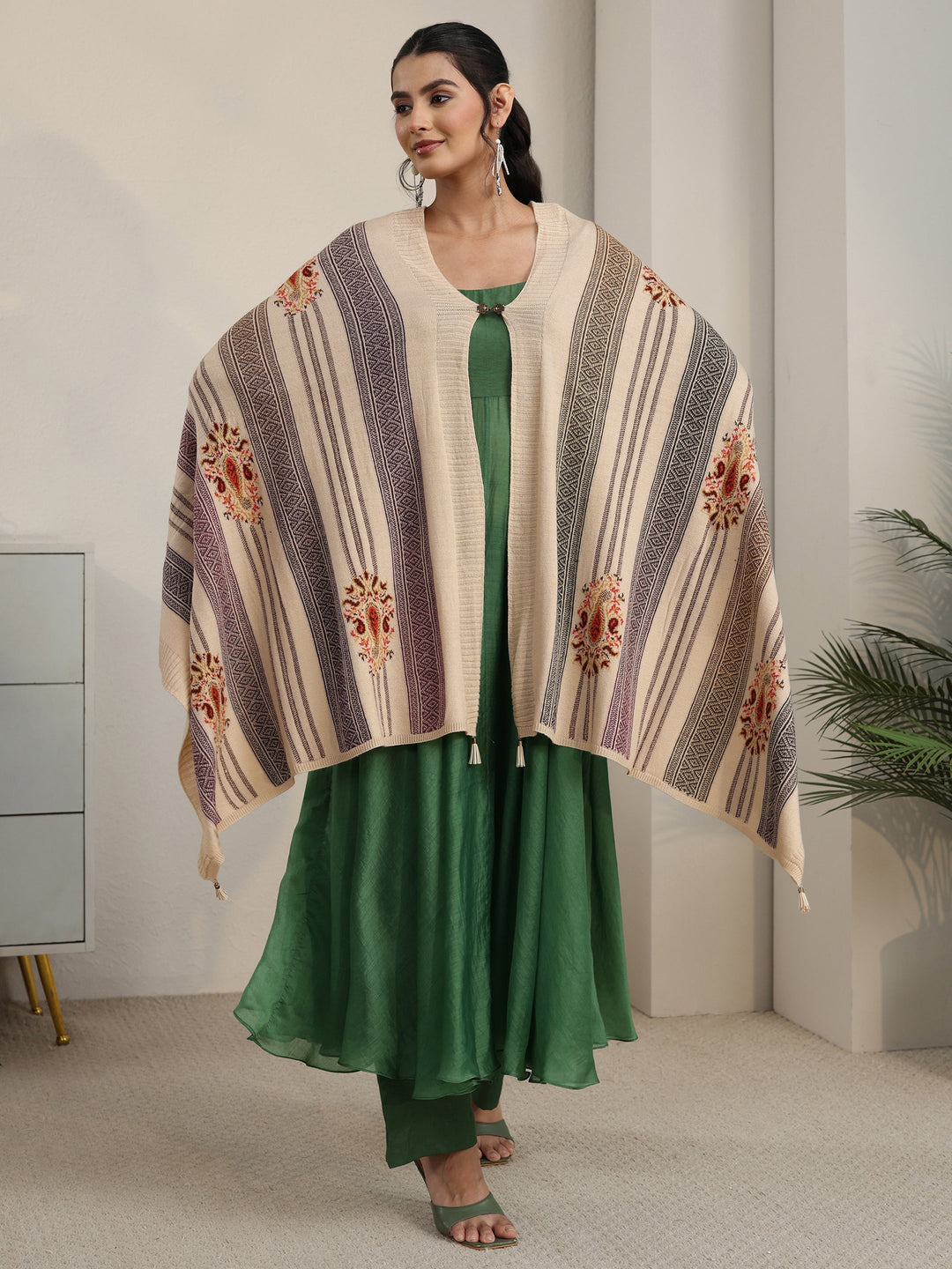 Libas Off White Ethnic Embroidered Acrylic Wrap Shawl