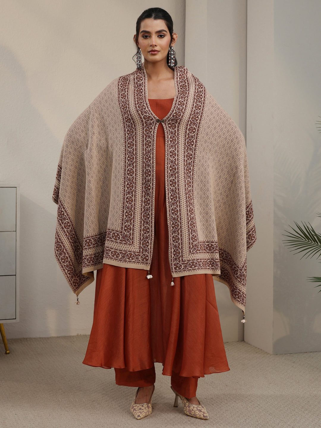 Libas Beige Ethnic Embroidered Acrylic Wrap Shawl