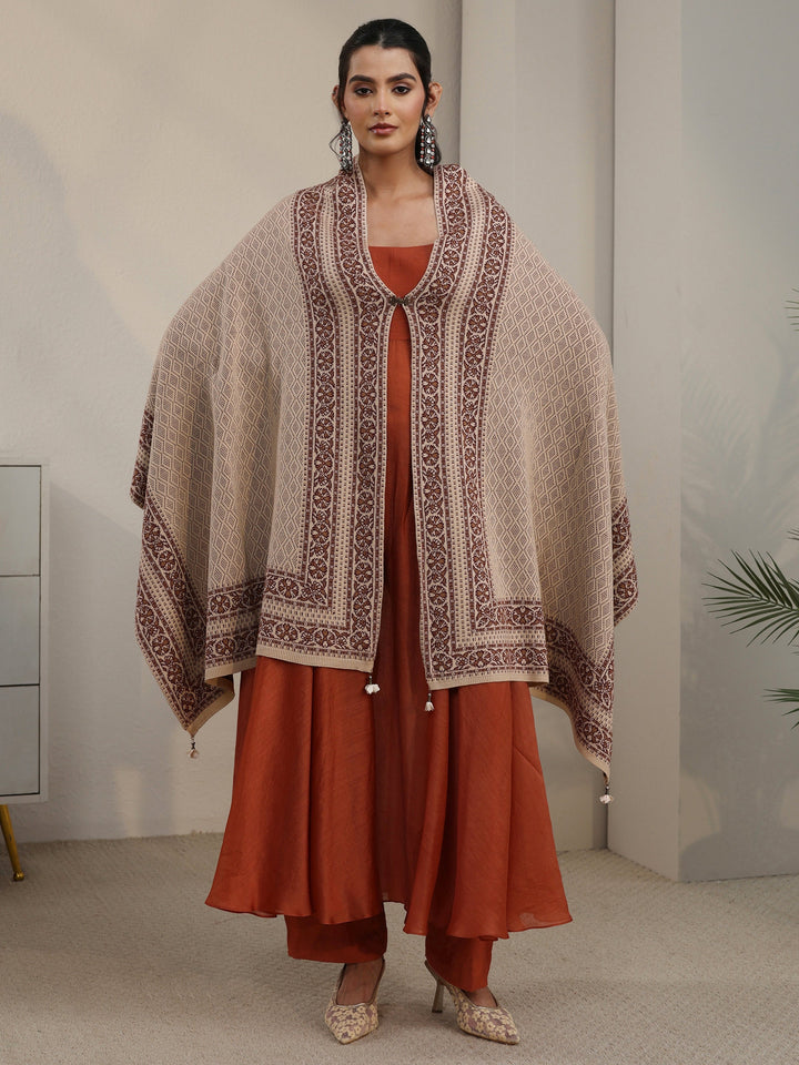Libas Beige Ethnic Embroidered Acrylic Wrap Shawl