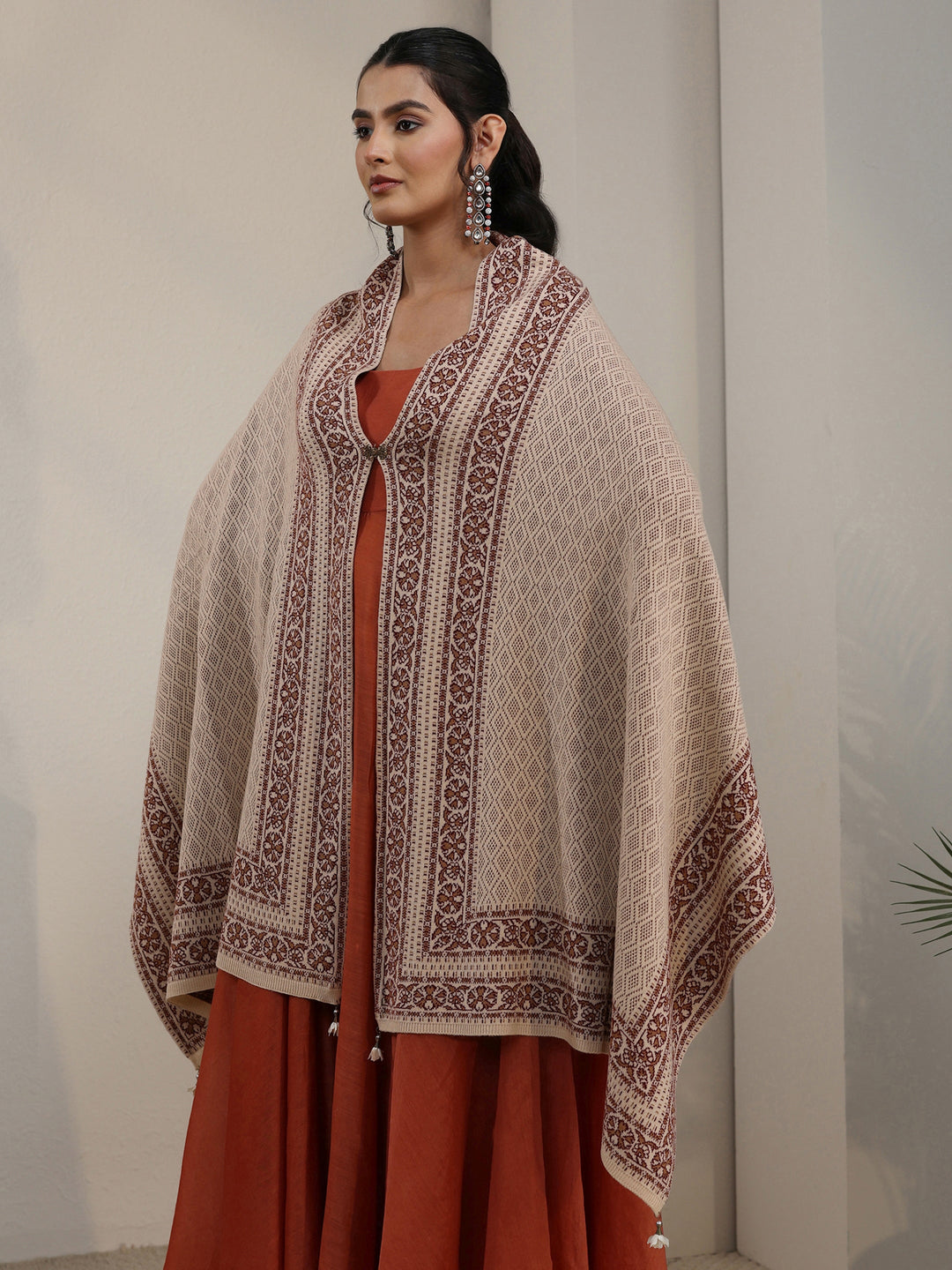 Libas Beige Ethnic Embroidered Acrylic Wrap Shawl