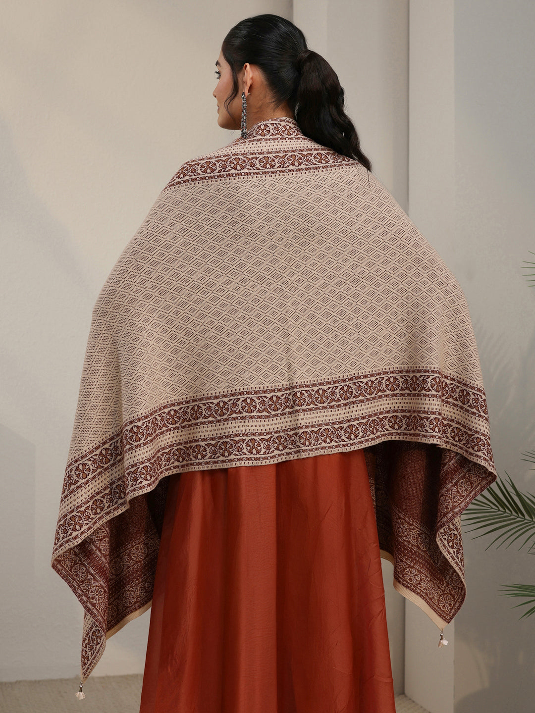 Libas Beige Ethnic Embroidered Acrylic Wrap Shawl
