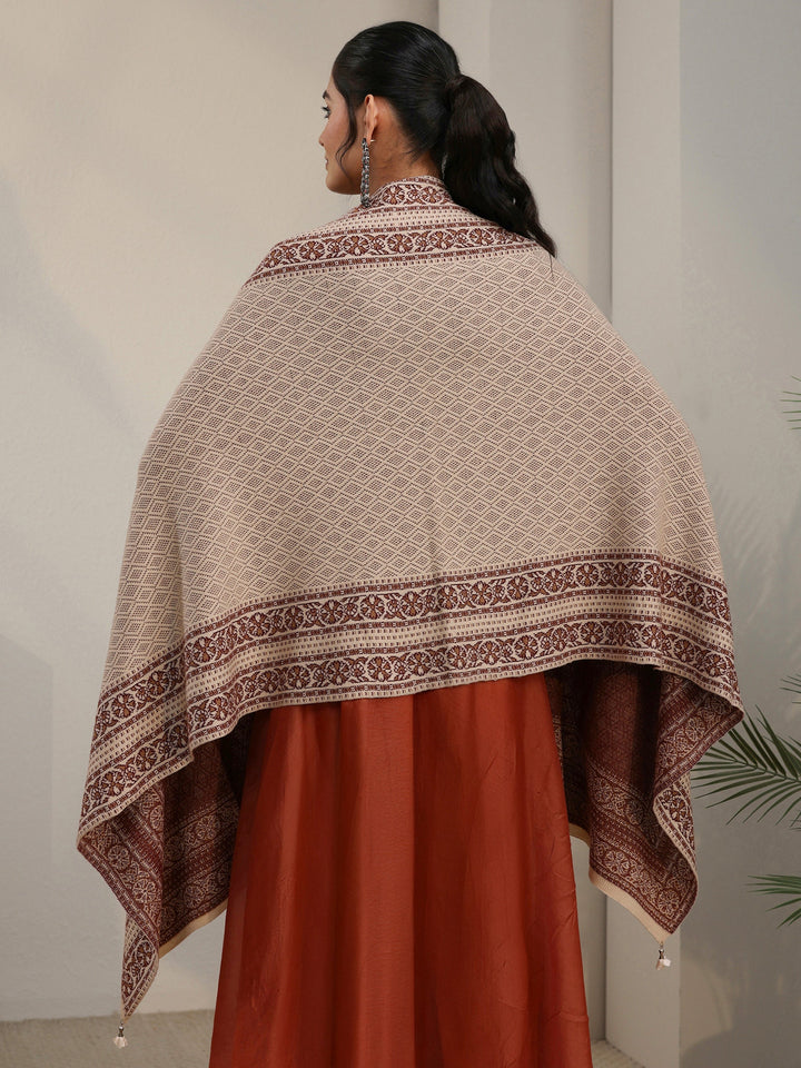 Libas Beige Ethnic Embroidered Acrylic Wrap Shawl