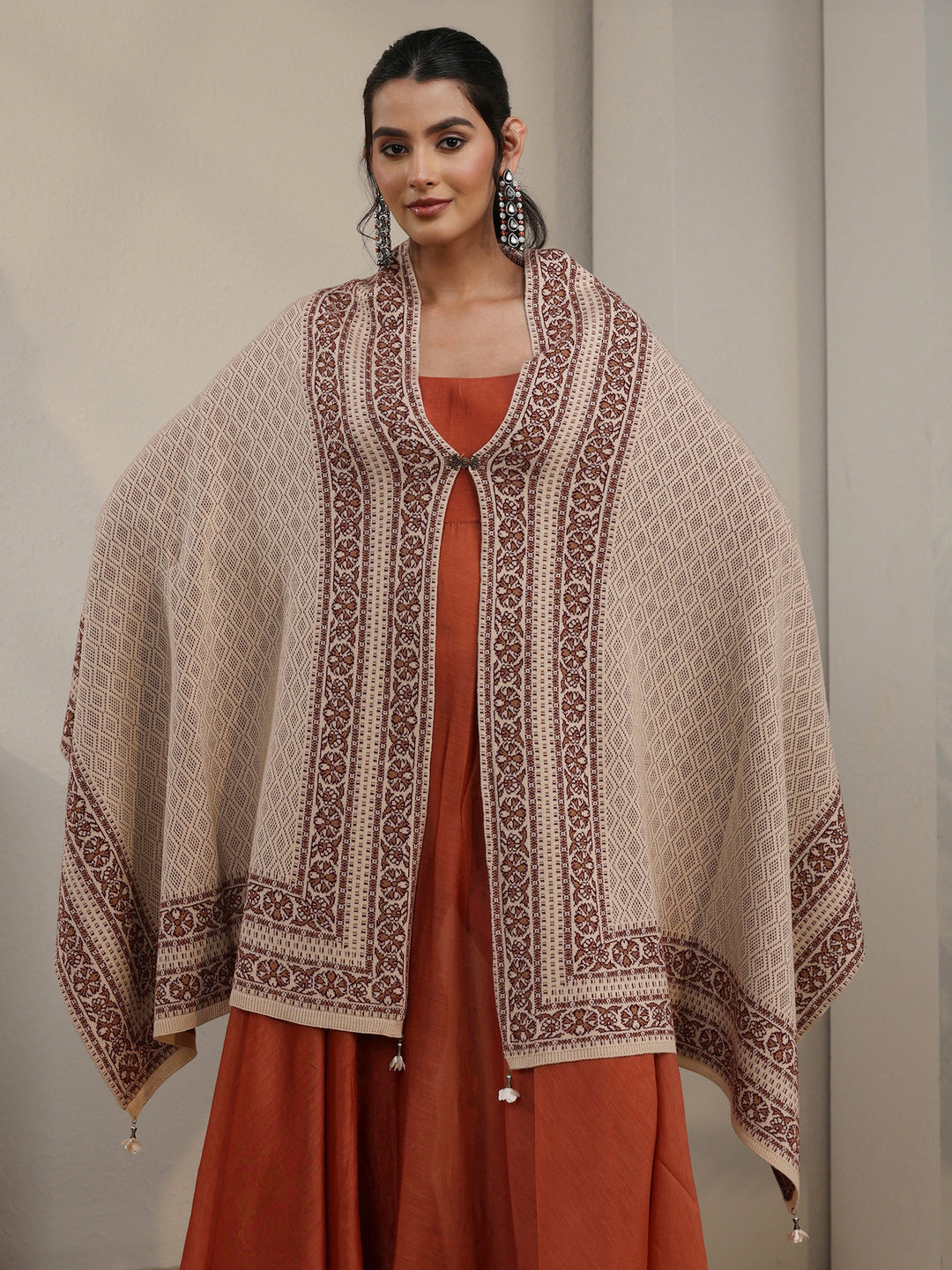 Libas Beige Ethnic Embroidered Acrylic Wrap Shawl