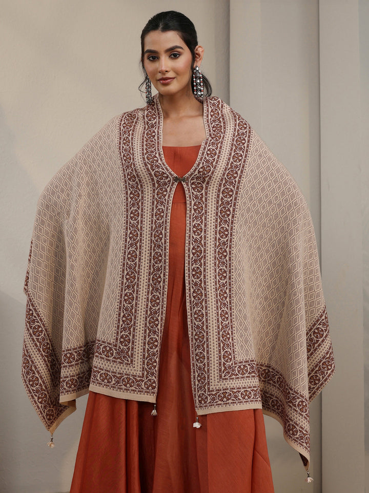 Libas Beige Ethnic Embroidered Acrylic Wrap Shawl