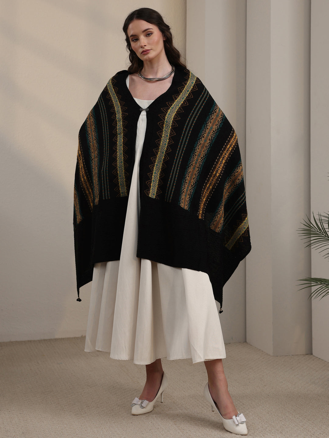 Libas Black Ethnic Striped Embroidered Acrylic Wrap Shawl