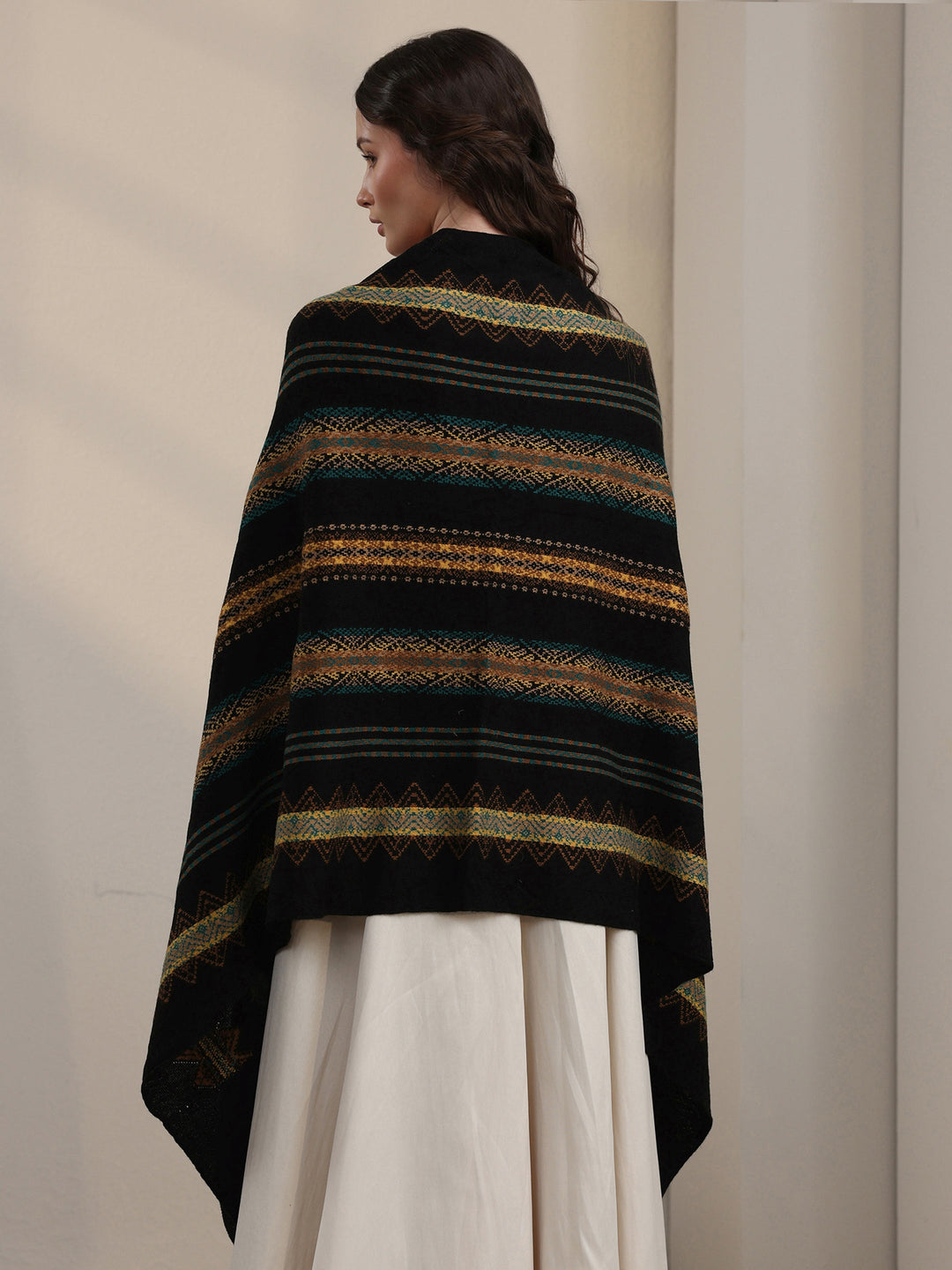 Libas Black Ethnic Striped Embroidered Acrylic Wrap Shawl