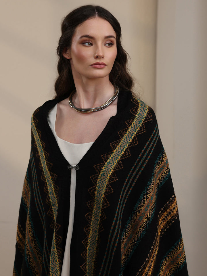 Libas Black Ethnic Striped Embroidered Acrylic Wrap Shawl