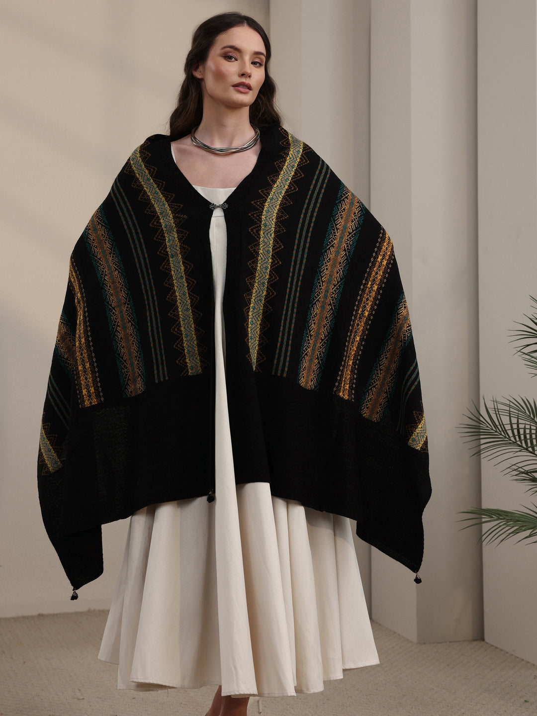 Libas Black Ethnic Striped Embroidered Acrylic Wrap Shawl