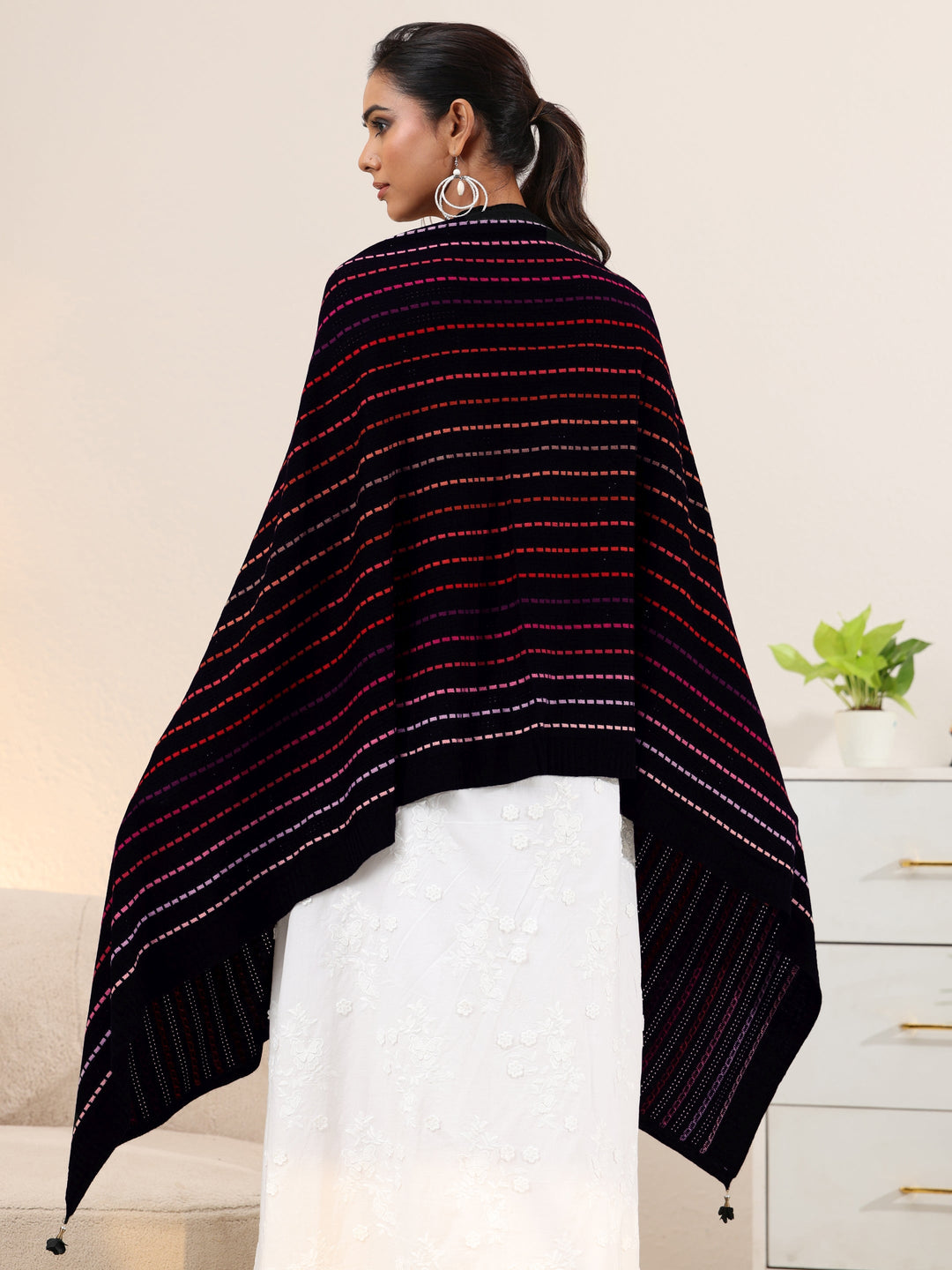 Libas Black Striped Knitted Acrylic Wrap Shawl