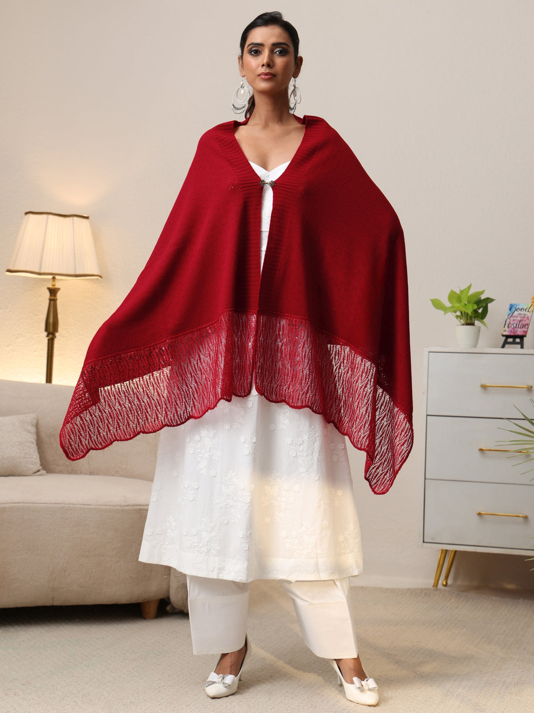 Libas Crimson Red Acrylic Wrap Shawl with Lace Border