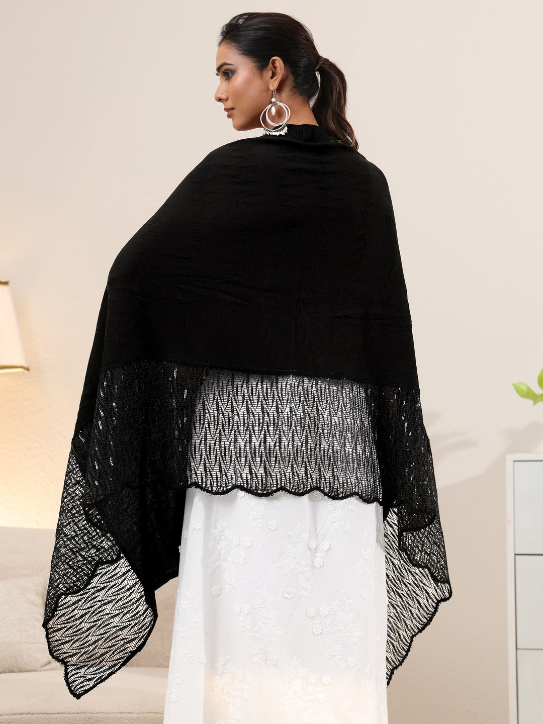 Libas Black Acrylic Wrap Shawl with Lace Border