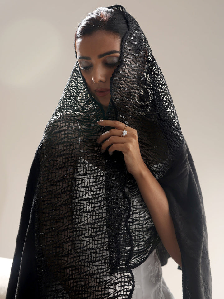 Libas Black Acrylic Wrap Shawl with Lace Border