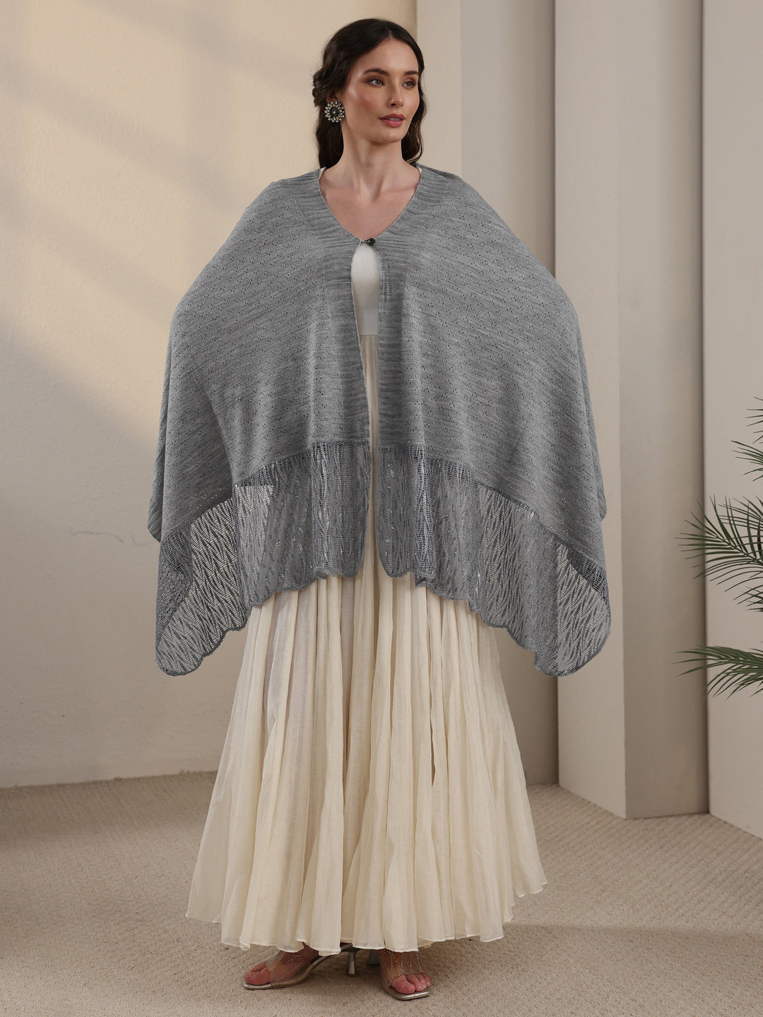 Libas Grey Acrylic Wrap Shawl with Lace Border