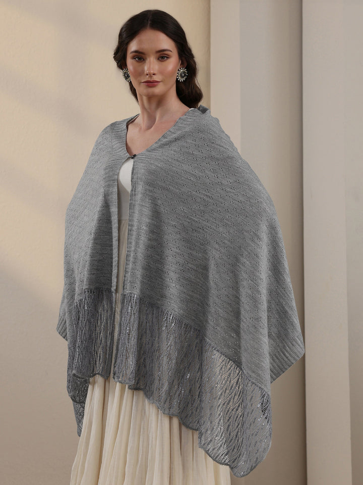 Libas Grey Acrylic Wrap Shawl with Lace Border