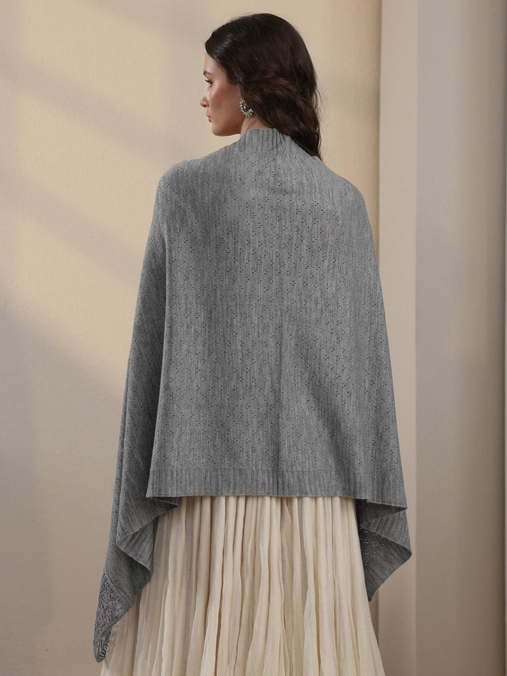 Libas Grey Acrylic Wrap Shawl with Lace Border