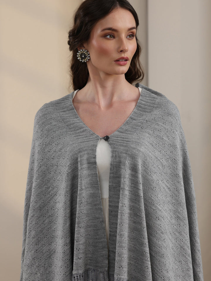 Libas Grey Acrylic Wrap Shawl with Lace Border
