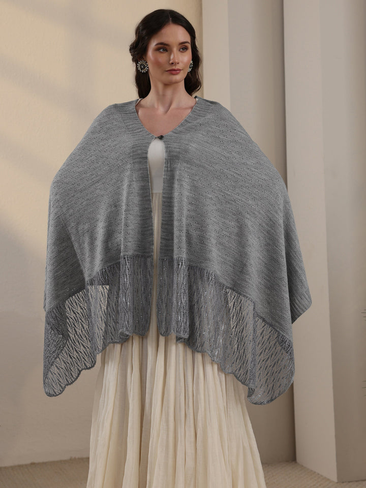 Libas Grey Acrylic Wrap Shawl with Lace Border