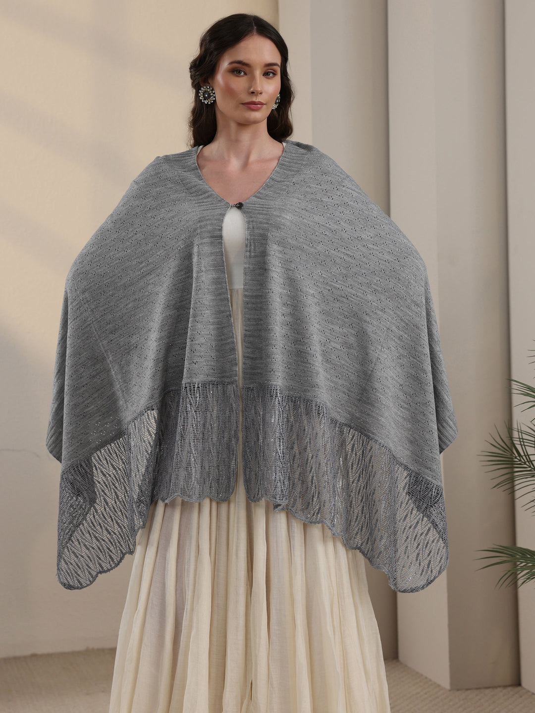 Libas Grey Acrylic Wrap Shawl with Lace Border